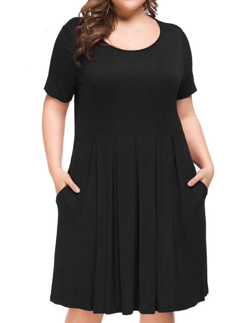 Tralilbee Women's Plus Size Short Sleeve Pleated Loose Swing Casual Dress with Pockets Knee Length Black 4XL - Image 2